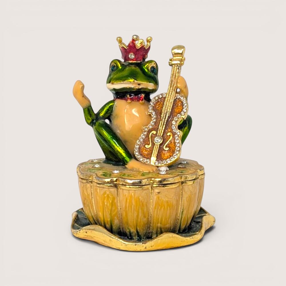 1980s Enameled Crown Frog Violinist Figurine Trinket Box